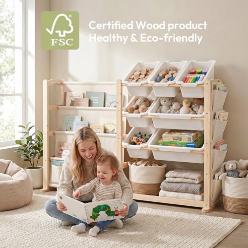 Fodoss Book Shelf for Kids Rooms - Toy Storage Organizer with Bookshelf, Solid Wood Kids Bookshelf with 7 Bins, Side Storage Pockets, Large Toy Organization for Nursery, Natural Pine - Image 4