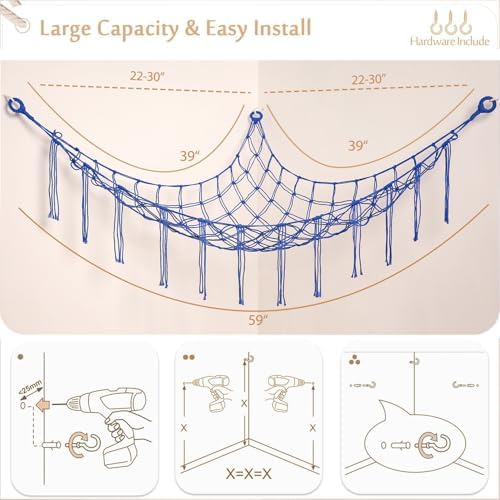 YKBU Stuffed Animals Hammock Corner Hanging Net for Macrame Stuffed Animal Storage Plush Toy Holder Toy Organizer for Boho Nursery Playroom Bedroom Kids Room Decor (blue, Large) - Image 5