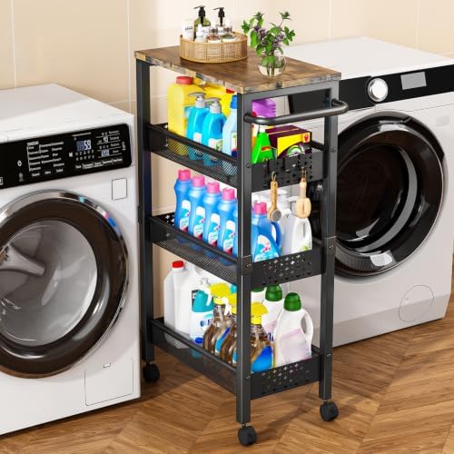 Slim Storage Cart with Wheels,9.1-inch 4 Tier Narrow Storage Cart with Wheels, Metal Kitchen Bathroom Laundry Organizer Shelf with Wood Top and Handle, Black by Unknown