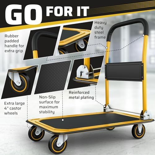 Heavy Duty Foldable Push Cart Dolly | 660 lbs. Capacity | Upgraded Collapsible Hand Truck Folding Platform with Swivel Wheels | Flat Bed Moving Wagon | Space Saving Push Handle (Yellow) - Image 3