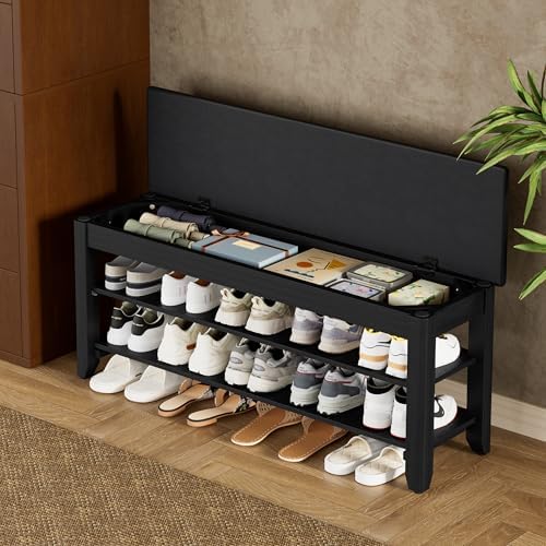 Homleke 39.4" Wide Solid Wood Shoe Rack Bench with Flip-Top Storage - Image 2