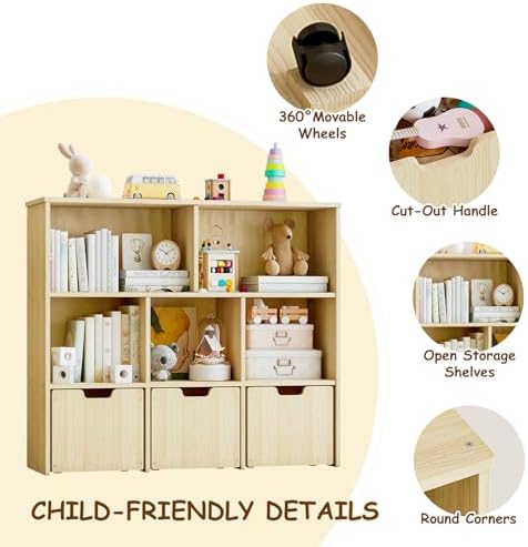 EXPERLAM Solid Pine Wood Toy Storage Organizer, Kids Bookshelf and Toy Organizer with 3 Rolling Drawers, 5 Storage Cubes, Montessori Playroom Storage Cabinet, Burlywood - Image 6