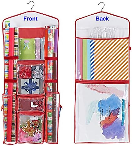Wrapping Paper Storage Hanging | Gift Wrap Organizer Double Sided | Pockets for Gift Bags, Ribbon, Bows and Accessories | 40”x17” Fits 40 Inch Rolls | Clear PVC Bag (Red) by Primode