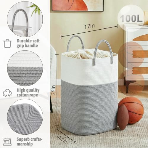 Laundry Basket,Woven Cotton Rope Laundry Hamper,Versatile Storage for Dirty Clothes,Baby Toys,and Blankets in Bathroom, Nursery,and Living Room (Grey, 100L) - Image 2