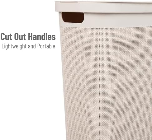 Mind Reader Slim Laundry Hamper with Lid, 40L Clothes Basket, Linen Design, Plastic, Ivory - Image 4
