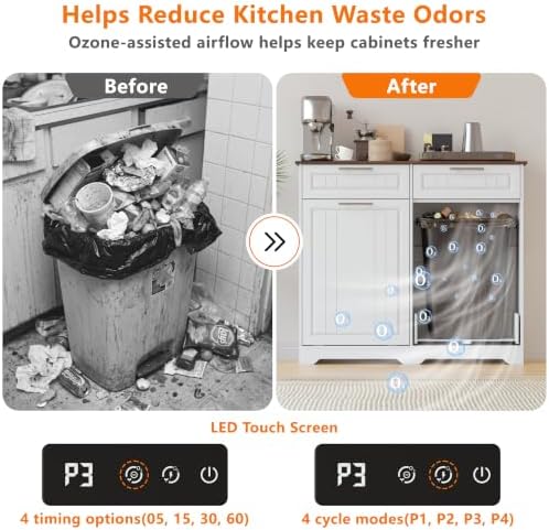 Double 10 Gallon Tilt Out Trash Can Cabinet with Deodorizing Function and Power Outlet, Wooden Hidden Garbage Can Holder with 2 Storage Drawers for Kitchen, Laundry Hamper Cabinet for Bathroom, White - Image 3