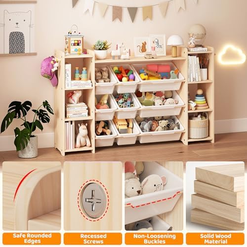 GITAWUSA Toy Storage Organizer, Kids Bookshelf with 6 Shelves, 9 Toy Bins & 6 Hooks | Toy Shelf, Storage Bin Unit, Toy Organization for Playroom, Nursery, Bedroom, Toddler Room, White, 57''W - Image 5