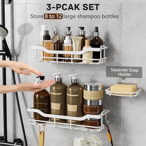 OMAIRA 3-Pack Shower Caddy with Soap Holder, Adhesive Rustproof No-drill Strudy Loading Inside Shower Organizer Shelves Rack Storage Bathroom Organization for Smooth Wall Glass Tile, White (XX-Large) - Image 4