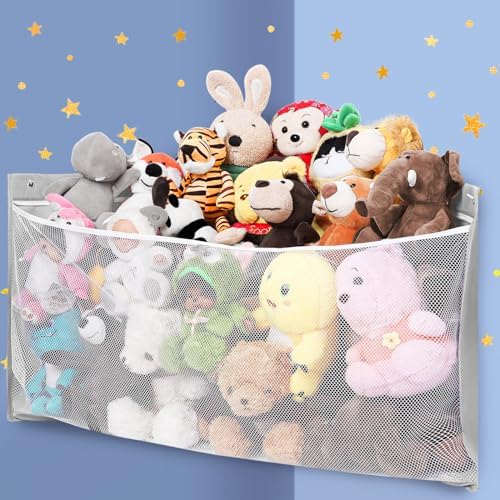 Large Corner Stuffed Animal Storage, Grey Wall Hammock Toy Net, Gift by ANROYE