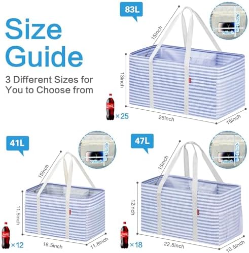 LHZK Standing Utility Tote Bag with Metal Wire Frame and the Sides Rinforced, Large Tote Bag with Handle, Reusable Grocery Bags Foldable, Beach Bag, Car Tote (Blue, 18.5''x11.8''x11.5'') - Image 5