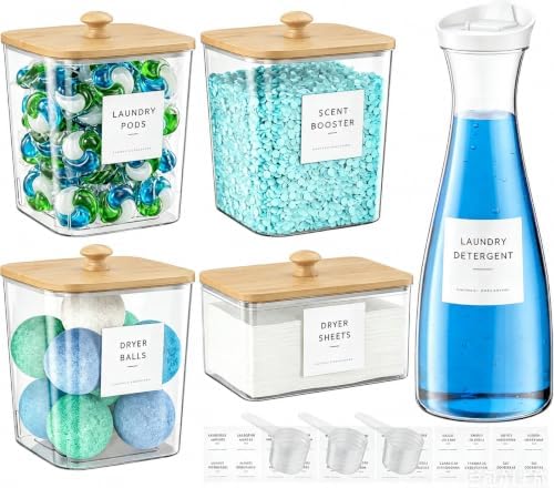 3+1+1 Pack Laundry Pods Containers & Dryer Sheet Holder & Laundry Detergent Dispenser, Laundry Room Organization and Storage with Wooden Lids, Labels and Scoops for Scent Boosters, Powder, Pods by galasily