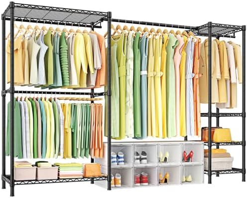 Ulif E10 Clothes Rack（With Stretchable Hanger Rod）Freestanding Clothing Racks for Hanging Clothes，Adjustable Closet Organizer System，Portable Garment Rack 73-97"W x 15" D x 72" H，Max Load 800LBS，Black by Ulif