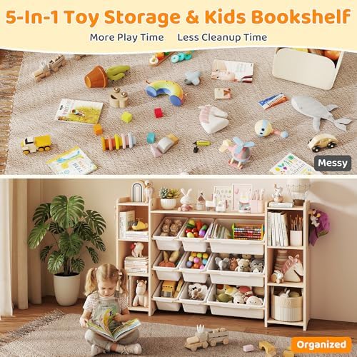 GITAWUSA Toy Storage Organizer, Kids Bookshelf with 6 Shelves, 9 Toy Bins & 6 Hooks | Toy Shelf, Storage Bin Unit, Toy Organization for Playroom, Nursery, Bedroom, Toddler Room, White, 57''W - Image 4