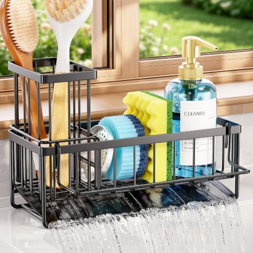 Sponge Holder for Kitchen Sink, Kitchen Sink Caddy, Kitchen Sink Sponge Holder, Dish Sponge Holder, Kitchen Sink Organizer for Sponge, Dish Brush, Scrubber(9.65" x 3.74" x 6.3", Black) by OERPHO