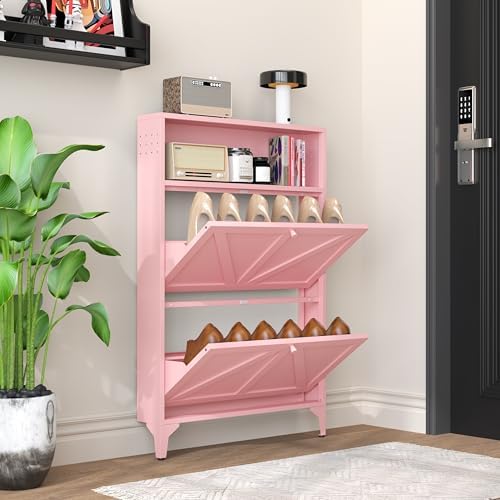 Shoe Cabinet with 2 Flip Drawers, Narrow Shoe Storage Cabinet, Farmhouse Shoe Organizer, Freestanding Organizer with Metal Legs for Entryway, Foyer (Pink, 2 Door) - Image 6
