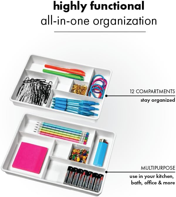 madesmart Plastic 6-Compartment Drawer Organizer Gadget Trays, Multipurpose Storage Bins for Drawers, White Set of 2 (Pack of 6) - Image 3
