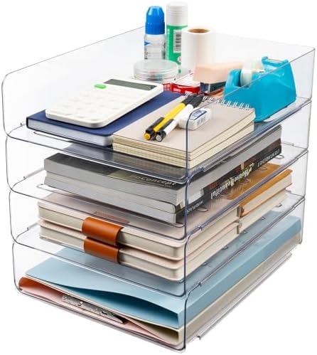 Tiawudi Desk Organizer, Clear Office Organization and Storage, Plastic Letter Tray, Stackable File Organizer for Classroom, Home, Documents, Notes, Folders, Books and Pens, 4 Tier by Tiawudi