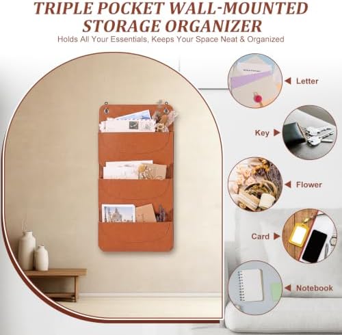 3-Pocket PU Leather Mail Holder Wall Mount Brown Wall File Hanging Organizer 9.65×4.72×1.38 Inch Wall Letter Holder Wall Mail Organizer with 2 Hook for Decor Storage Letter Key Office Home - Image 4