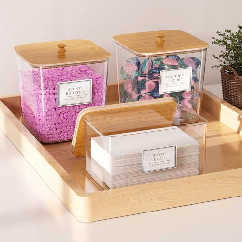 HomePekite Laundry Pods Storage Container, Clear Acrylic Laundry Room Organization and Storage ,Detergent Powder Container,with Wooden Lids & Labels, 2+1 Pack - Image 3