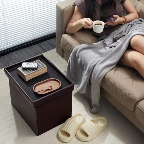 AmasSmile Ottoman with Storage,17" Folding Leather Foot Rest Chest,Brown - Image 2