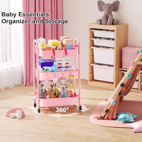3 Tier Rolling Storage Cart Metal with Wheels,Pink Three Tiered Craft Carts - Image 4