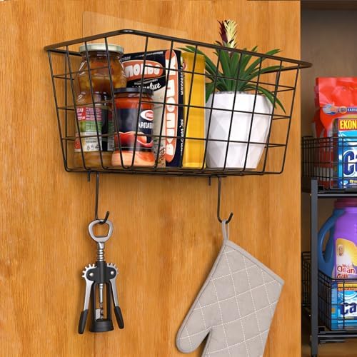 MaraFansie Over the Cabinet Door Organizer Wall Wire Baskets Hanging Kitchen Basket Shelf for Cabinet & Pantry Organization and Kitchen, Bathroom, Bedroom Storage, with Adhesive, Black, 3 Pack - Image 4