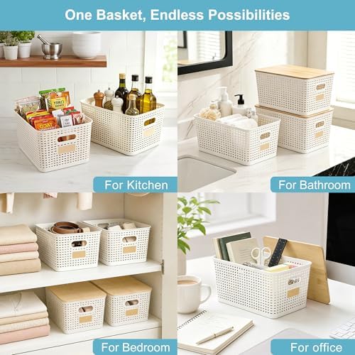 Bagnizer 2 Pack Tall Plastic Storage Bins with Bamboo Lids, 10.8qt Stackable Storages Baskets for Organizing Desktop Closet Playroom Classroom Office, 12"L x 8.3"W x 6.1"H, Cream White - Image 7
