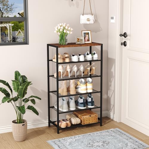 HOMEFORT Shoe Rack 6-Tier, Shoe Storage Shelf, Industrial Shoe Tower, Narrow Shoe Organizer for Closet Entryway, Small Shoe Rack Table with Durable Metal Shelves, Rustic Brown - Image 2