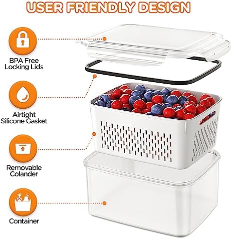 6 PCS Fruit Storage Containers for Fridge with Removable Colanders, 6 Plastic Food Storage Containers with 6 Lids, Leakproof Produce Containers Keep Fruits, Vegetables, Berry, Meat Fresh Longer - Image 5
