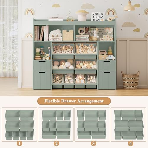HORSTORS 55" W Toy Storage Organizer, Large Kids Bookshelf, Toy Box, Green - Image 5