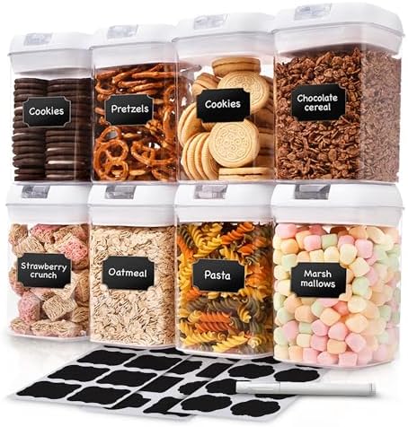 Set of 8 Airtight Food Storage Containers - Pantry Organizer Bins, BPA Free Plastic Containers plus Dry Erase Marker and Labels, White by Alphx+Innovations