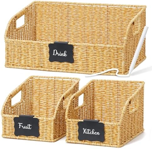 Pantry Baskets for Organizing,Wicker Storage Bins, 3Pack, Natural by STYLAVE