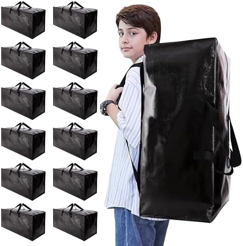 NATURELUX Heavy Duty Moving Bags with Backpack Straps and Strong Handles, Alternative to Moving Boxes and Storage Totes for Dorm Room Essentials, 12 Pack, Black by NATURELUX