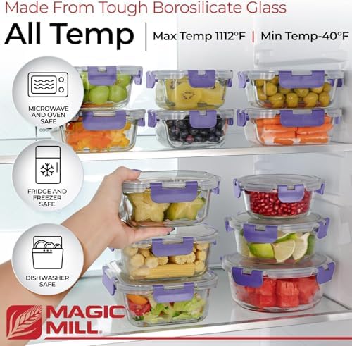 Magic Mill Premium Borosilicate Glass Food Storage Containers with lids Set | 24pc Sets with 12 Bowls & 12 Airtight Locking Lids for Lunch & Meal Prep, Safe for Oven, Freezer, Dishwasher, BPA-Free - Image 2
