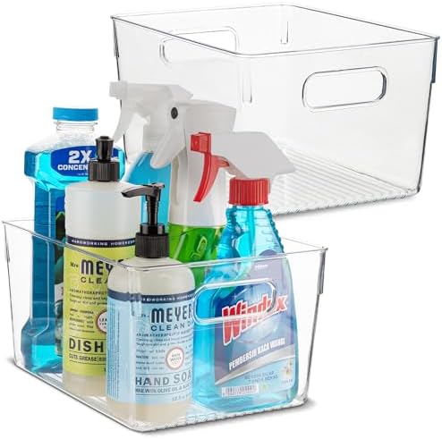 Plastic Food Storage 2 Pack Clear Container Bin with Handles for Organizing Kitchen, Pantry, Refrigerator, Freezer, Pantry, Cabinet, Closet, Bathroom. 10”x7.5”x5.3” by primebox