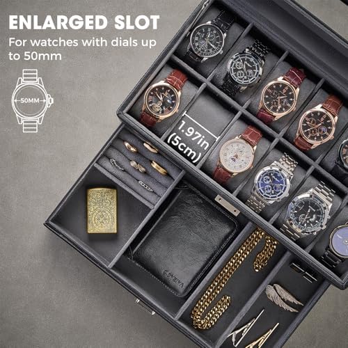 ProCase Premium Watch Box for Men, Jewelry Organizer Box with Drawer, Display Storage Case with Glass Lid -Black, 12 Slot - Image 4