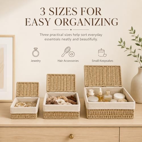 Storage Baskets with Lids Set of 3, Woven Bins with Liner - Image 2