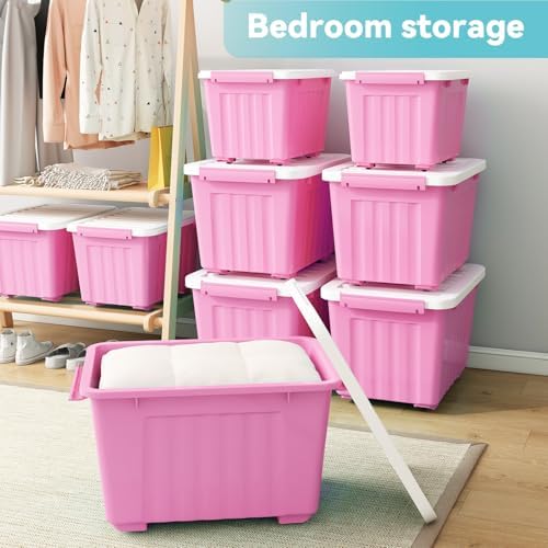 Nazhura Plastic Storage Bin, Stackable and Nestable Storage Boxes with White Lids and Secure Latching Buckles, Large Storage Container (Pink/White, 72Quart-6Pack) - Image 4