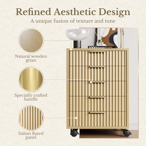 5 Drawer Chest, Under Desk Storage Wood Drawers with Wheels,Fluted File Cabinet for Home Office, Natural Walnut - Image 3