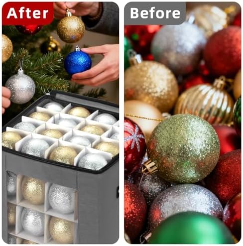 inin Christmas Ornament Storage Box with Adjustable Dividers,Christmas Ornaments Organizer with Zippered Top,Storage Container Bin for Holiday Decorations(64 Ball, Gray, Without Tray) - Image 5