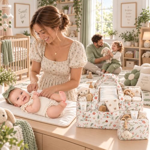 PeraBella Baby Diaper Caddy Organizer 3 Pcs Set, Floral Baby Basket Shower Gift, Nursery Organizer Basket for Newborn Boy Girl Essential Items, Changing Table Organizer Caddy for Baby Stuff, Car Caddy - Image 4