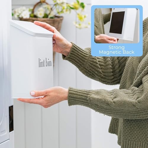Magnetic Laundry Lint Bin for Dryer | Wall-Mounted Small Trash Can for Laundry Room | Includes Magnetic Hook & Lint Brush | Space-Saving Magnetic Laundry Trash Can | Matte White - Image 6