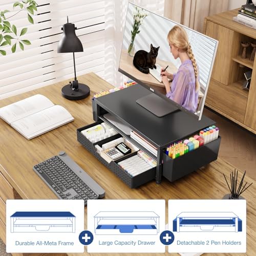 OPNICE Desk Organizers and Accessories, Computer Monitor Stand Riser with Drawer and 2 Pen Holders, Printer & Laptop Stand, Office Desk Accessories & Workspace Organizers for Home Office Supplies, Black - Image 4