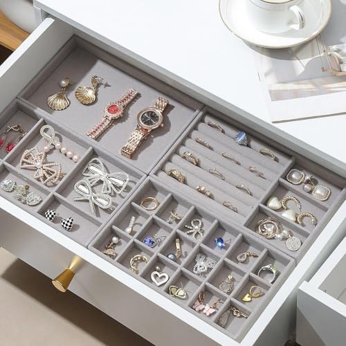 8 Set Jewelry Organizer for Drawer Velvet Jewelry Trays, Jewelry Trays for Drawers Easy To Store Your Jewelry Storage Display Tray for Earring Necklace Rings Bracelet (Grey) - Image 5
