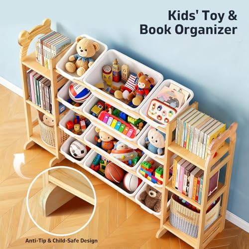 Toy Storage Organizer with 6 Shelves and 12 Bins, Toy Organizers and Storage Shelf with Bookshelf and Bookcase, Toys Box for Kids Room & Playroom & Bedroom & Nursery - Image 4