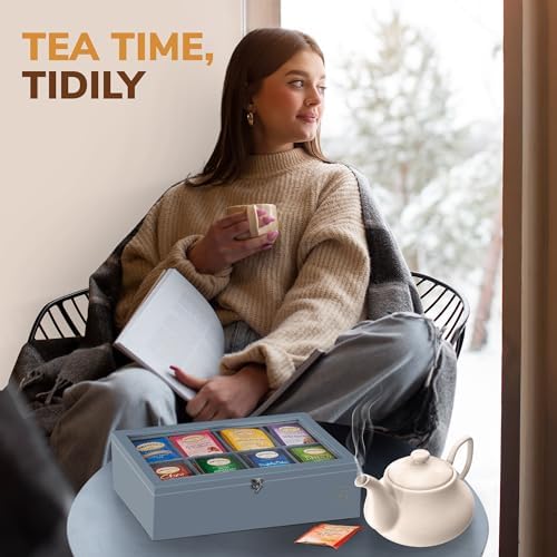 Tea Bag Organizer with Drawer - Gray Bamboo Tea Box Organizer, 8-Compartment Tea Storage Box with Acrylic Lid and Magnetic Closure, Tea Box for Kitchen Counter, Gifts for Mom, Wife, Tea Lovers (Grey) - Image 2