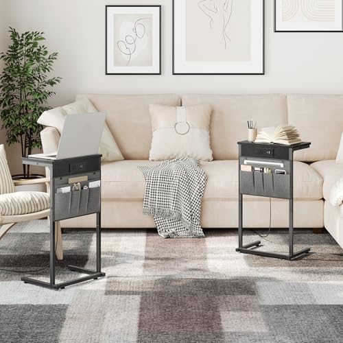 HOOBRO C Shaped End Table with Charging Station, Slide Under Couch Table - Image 2
