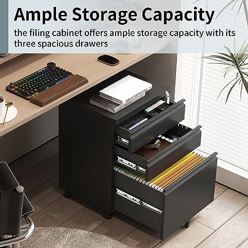 Approgreent 3 Drawer File Cabinet for Home Office, Under Desk Mobile Filing Cabinet with Lock for A4-Size/Letter-Size/Legal-Size, Black (HSEJ-3D) - Image 5