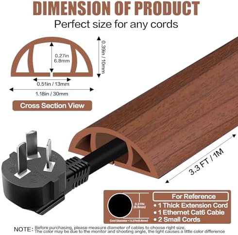 Floor Cord Cover Self Adhesive Cord Hider,3.3FT Cable Management, Extension Strip Protector for Wires, Prevent Cable Trips for Offices, Gyms, Exhibitions Cavity:0.39"(W) x0.27(H) Wood Red Teak - Image 2