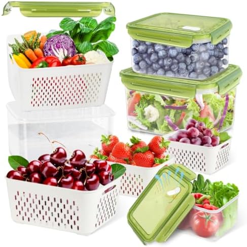 TBMax 8 Pieces Airtight Fruit Storage Containers for Fridge with Air Circulation Vent, 4 Pack Produce Saver with Colander for Berry Lettuce Salad Vegetable Storage, Refrigerator Organizers- Green by TBMax
